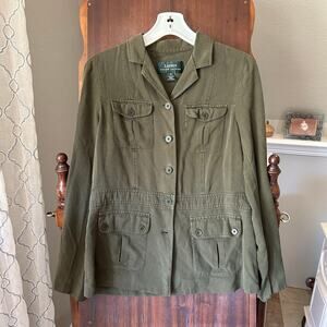 Ralph Lauren Jacket Womens Petite medium Green Button Long Sleeve Collared Silk